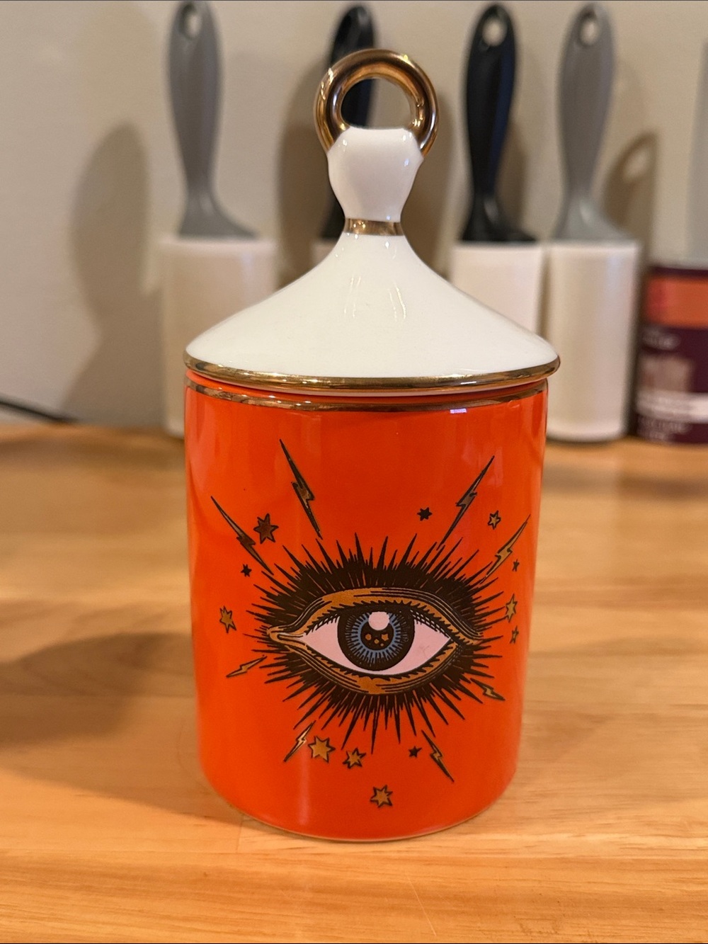 Orange Eye Velvet Trinket Jar with Gold-Trim Lid